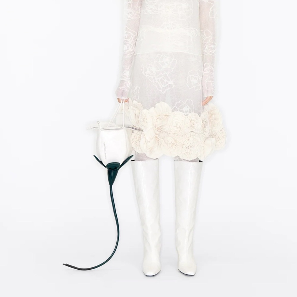 Mini White Leather Bucket Bag with Contrasting Black Strap